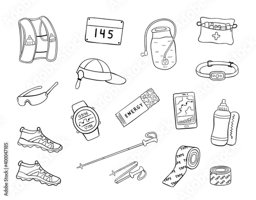 Set of hand drawn trail running equipment and accessories. Doodle vector illustration of shoes, hydration pack, trekking poles, etc.