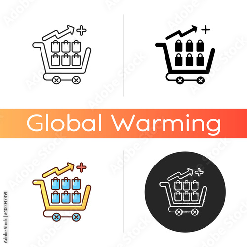 Overconsumption icon. Resource use has outpaced sustainable capacity of ecosystem. People damaging earth resourses. Linear black and RGB color styles. Isolated vector illustrations