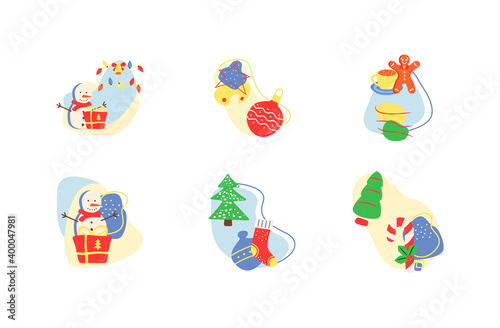 Christmas season flat vector concept illustration with abstract shapes set. Snowman with present. Sweet treat. Xmas tree. Wintertime 2D geometric and organic cartoon elements collection