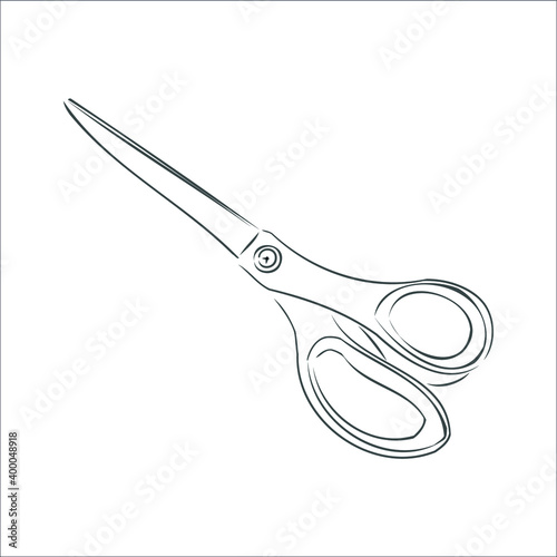 scissors, black and white outline. stencil. thing. Scissors in hand drawn doodle style. Sketch. Isolated on a white background vector eps 10