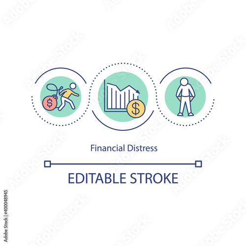 Financial distress concept icon. Inability paying creditors and lenders idea thin line illustration. Reduced income. Unexpected expenses. Vector isolated outline RGB color drawing. Editable stroke