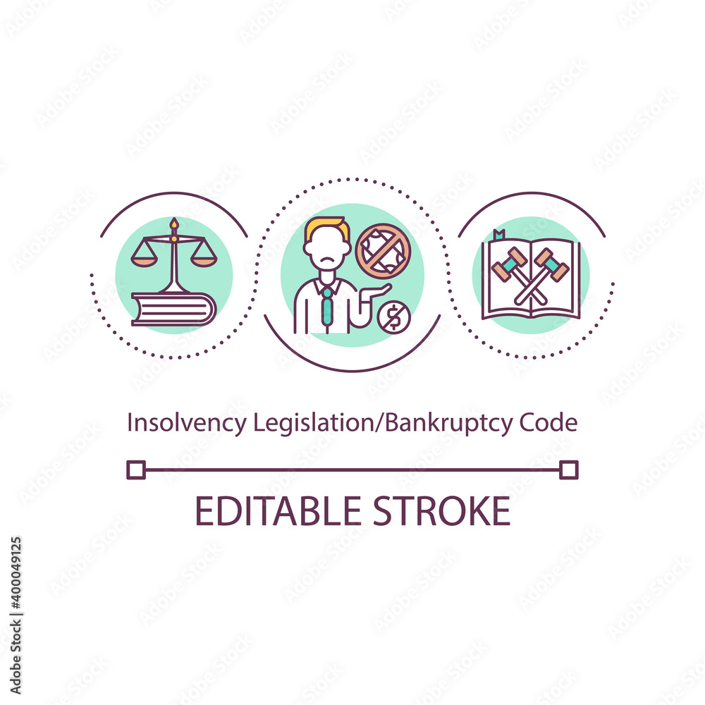 Insolvency legislation concept icon. Bankruptcy code idea thin line illustration. Legislative framework for assets liquidation. Vector isolated outline RGB color drawing. Editable stroke