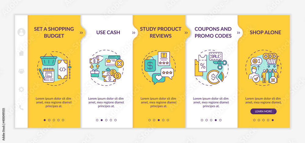 Money-saving tips for shoppers onboarding vector template. Product reviews. Coupons and promo codes. Responsive mobile website with icons. Webpage walkthrough step screens. RGB color concept