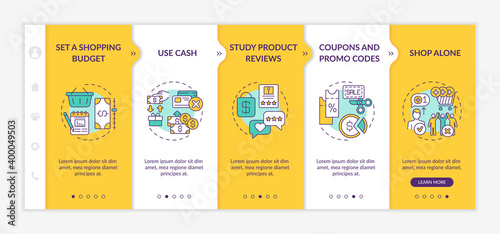 Money-saving tips for shoppers onboarding vector template. Product reviews. Coupons and promo codes. Responsive mobile website with icons. Webpage walkthrough step screens. RGB color concept