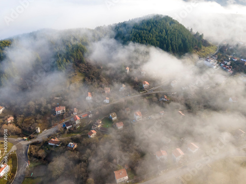 Aerial view of Viskyar Mountain covered with low clouds, Bulgaria photo