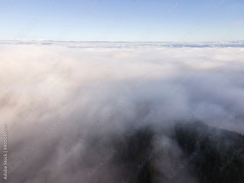 Aerial view of Viskyar Mountain covered with low clouds, Bulgaria