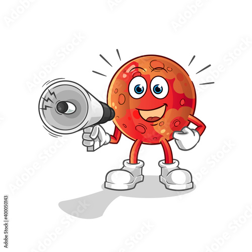 mars holding hand loudspeakers vector. cartoon character
