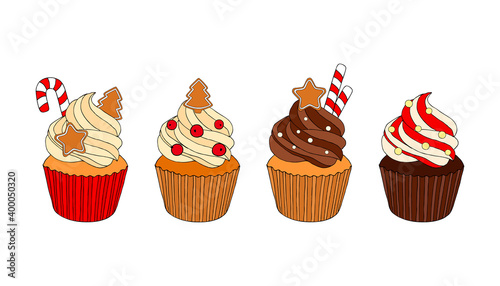 Set of colorful Christmas cupcakes with cream and xmas decor on a white background. Vector illustration