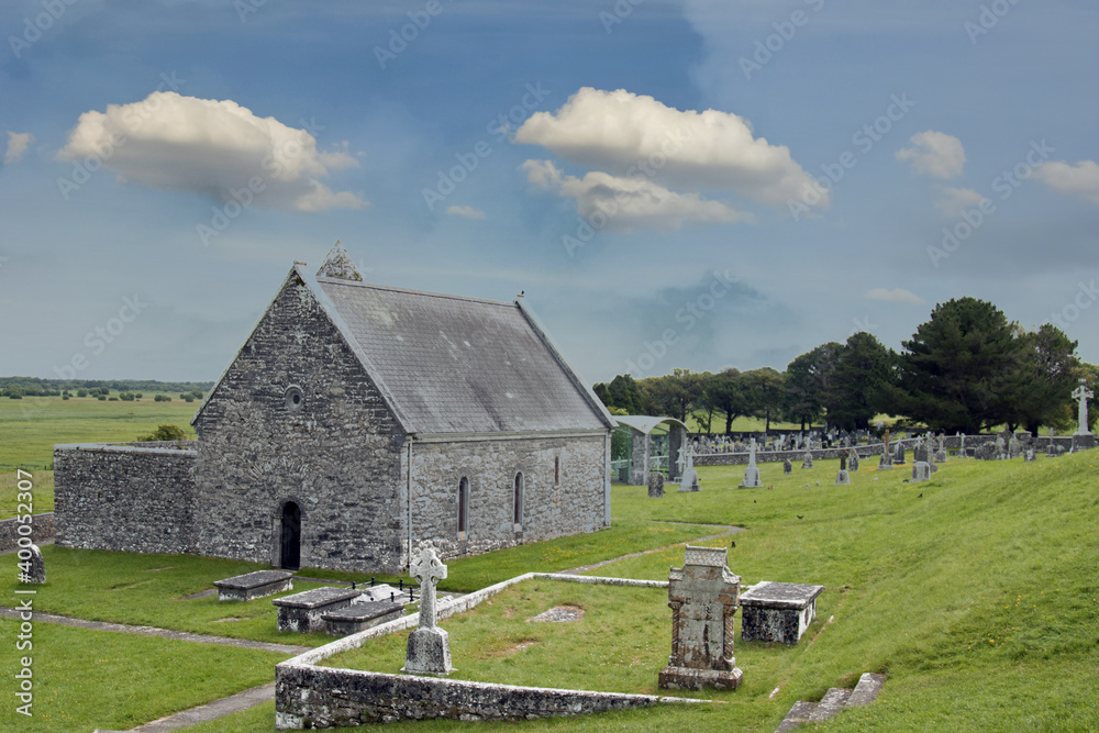 Irish landscape house and Celtic crosses crosses