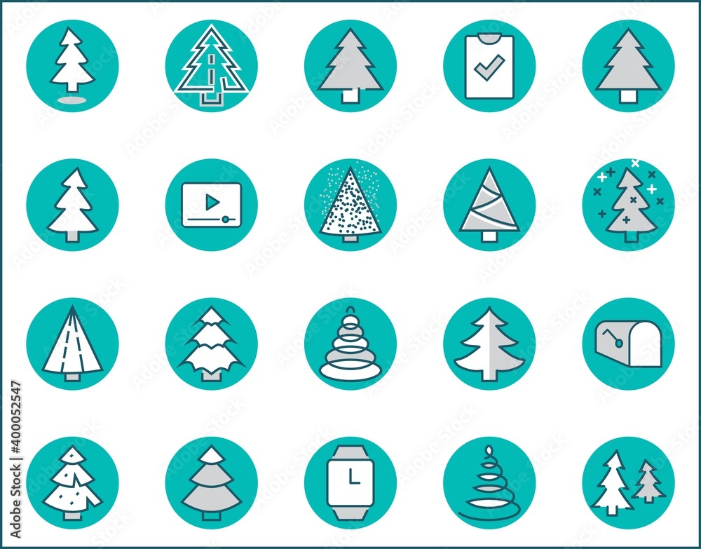 Christmas Tree thin line icon set. Stylized linear icons of artificial snow, spruce, present box fir. Editable Stroke. 32x32 Pixel Perfect