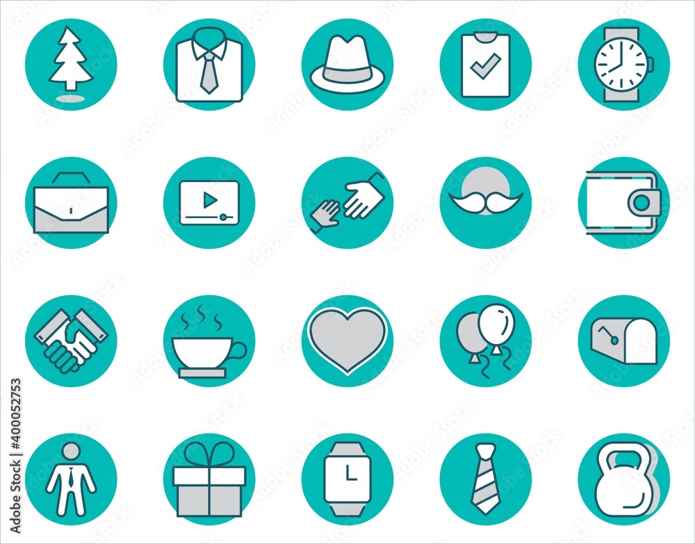 Father's Day Set Line Vector Icons. Contains such Icons as Mustache, tie, shirt, handshake, diplomat, hat, coffee, purse, gift, portfolio and more. Editable Stroke. 32x32 Pixel Perfect