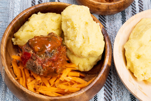 maize flour porridge with meat and sweet potatoes, Zambian cuisine, Traditional African dishes