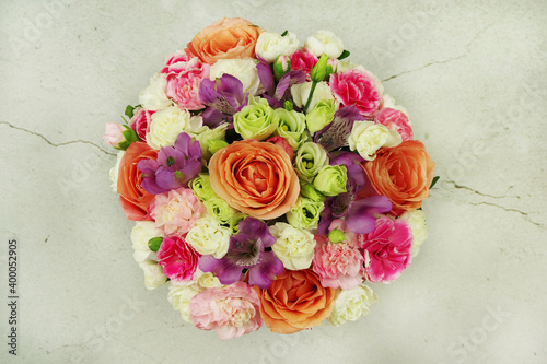 Bouquet of beautiful flowers. Greeting card template.
