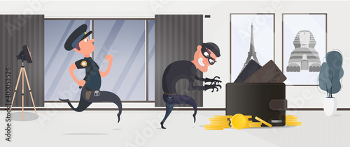Burglar steals money from the house. A police officer detains a robber. Security concept, protection of personal finance. Vector