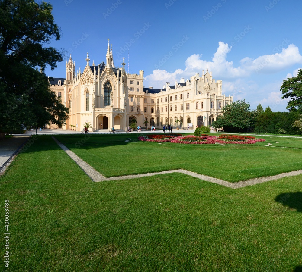 Lednice Park and Chateau in South Moravia, Czech Republic. The neo-Gothic chateau is located in the world-famous Lednice-Valtice area and is listed as a UNESCO World Heritage Site.