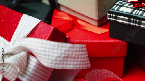 Set of gift boxes of different sizes and colors for any holiday. Dolly Shot. 4K