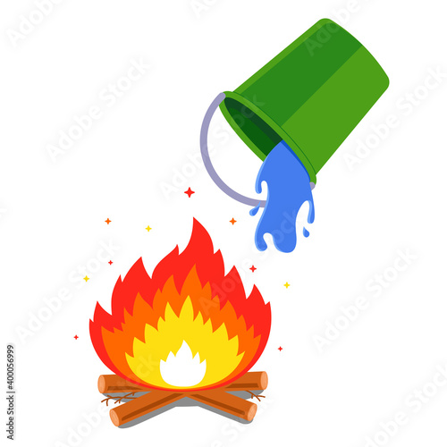 pour water from a bucket and put out a fire in the forest. flat vector illustration isolated on white background.