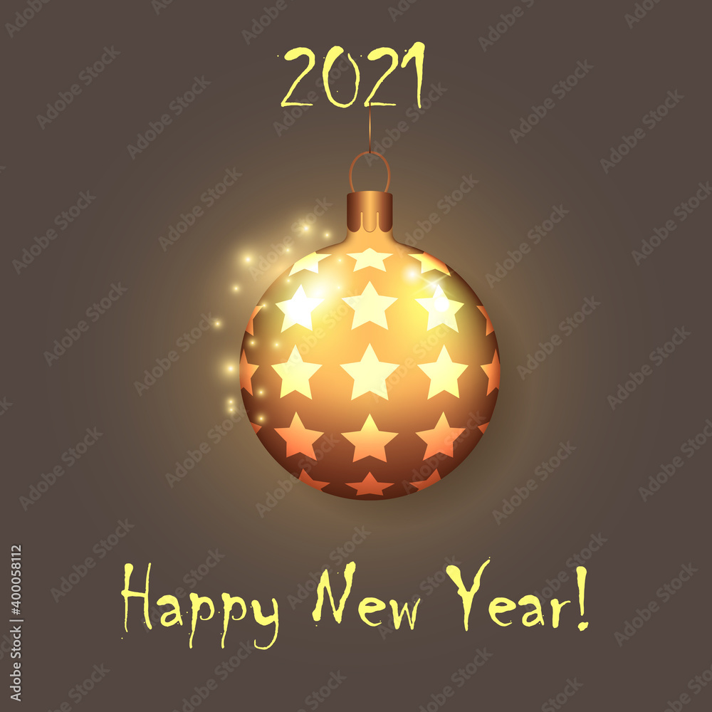 Postcard Happy New Year 2021 with decoration of hanging christmas ball with stars and sparkles. Vector gradient graphic design for web banner, background, print card. Postcard Happy New Year 2021 with decoration of hanging christmas ball with stars and sparkles. Vector gradient graphic design for web banner, background, print card.