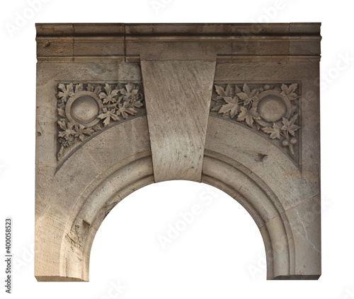 Elements of architectural decoration of buildings, arches and colonnades, columns and capitals, patterns and stucco molding. On the streets in Barcelona, ​​public places. photo