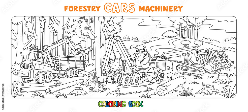 Forestry machinery cars with eyes coloring book