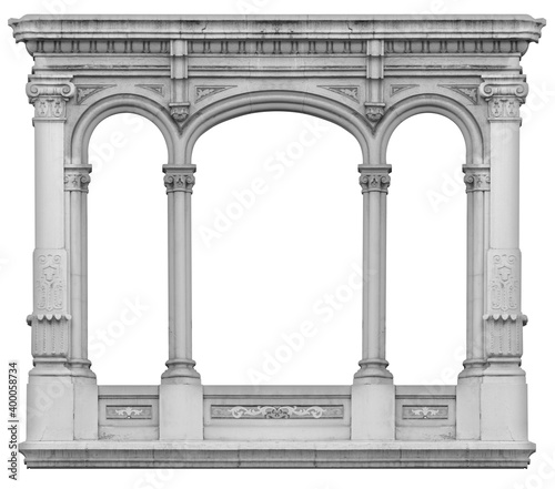 Elements of the architecture of buildings, ancient arches and columns, stucco and patterns. On the streets in Catalonia, public places. photo