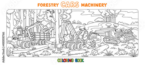Forestry machinery cars with eyes coloring book