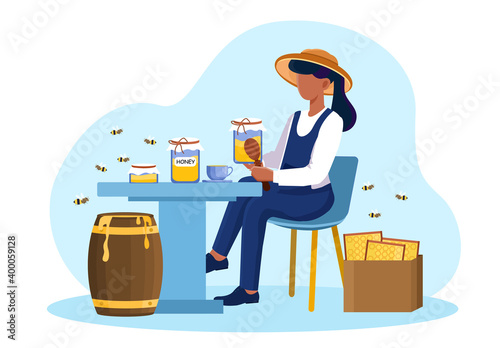 Female character is making apiary. Concept of beekeeper, apiculture, food market seller with hive, spoon, honeycomb. Flat cartoon vector illustration