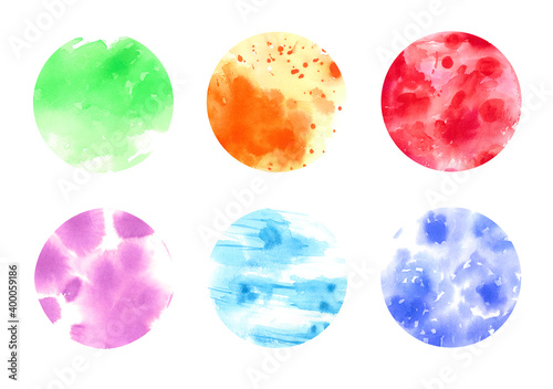 Abstract watercolor circles isolated on white background, bright color illustration set