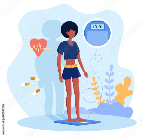 Young skinny woman standing on bathroom scale. Female character with shadow behind shows her imaginary distorted body. Flat cartoon vector illustration