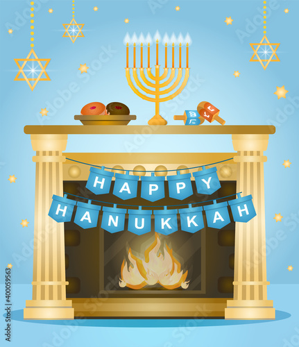 Happy hanukkah festive card. Fireplace, candles, sweets and taditional attributes of celebrating jewish ethnical holiday. Flat cartoon vector illustration