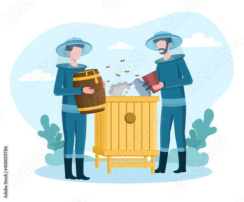 Two male beekeepers at the apiary holding barrel with honey. Men collecting honey kept in barrels with bees flying around them. Cartoon flat vector illustration