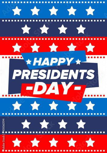 Happy Presidents day in United States. Washington's Birthday. Federal holiday in America. Celebrated in February. Patriotic american elements. Poster, banner and background. Vector illustration