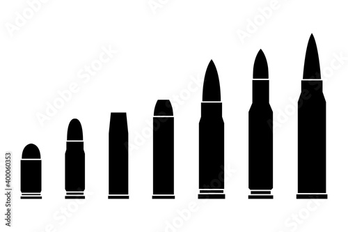 Collection of different caliber bullets and cartridges. Bullet black silhouettes. Vector set