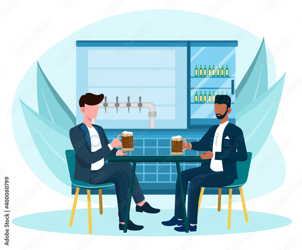 Two male friends sitting in bar and drinking beer. Concept of business people at party after work. Flat cartoon vector illustration Two male friends sitting in bar and drinking beer. Concept of business people at party after work. Flat cartoon vector illustration