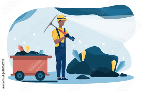 Male character in overall is diamond mining in coal. Man in uniform and helmet with hammer and dolly working underground. Concept of extraction industry profession. Flat cartoon vector illustration