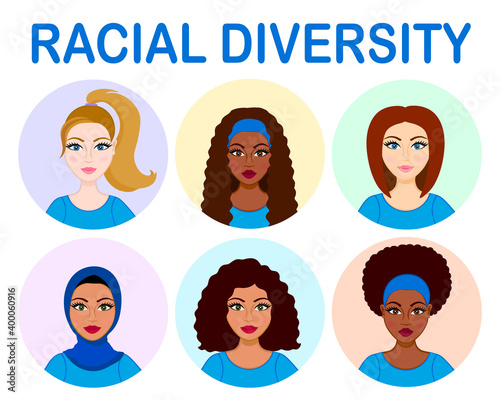 Racial divercity icons. Set of avatars. Arab, african, hispanic(latina) and european (caucasian) women. Different haircuts: wavy hair, ponytail. Girl wearing hijab. 
