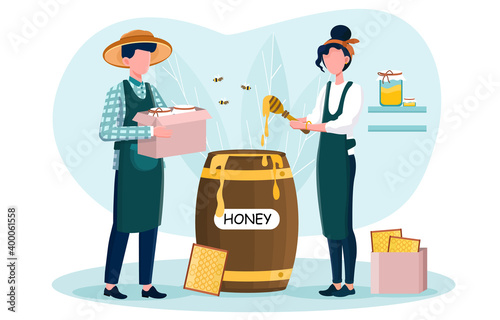 Professional male farmer with hive and honey. Concept of countryside organic product. Apiary worker, beekeeping and honey production. Flat cartoon vector illustration