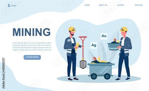 Male characters coal mining. Men in uniform with shovel and dolly working underground. Concept of extraction industry. Website, web page, landing page template. Flat cartoon vector illustration