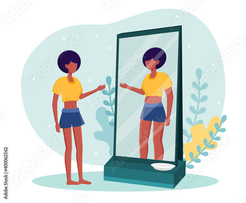 Young skinny woman standing in front of mirror with empty plate. Female character feels like she is fat even though she is thin. Flat cartoon vector illustration