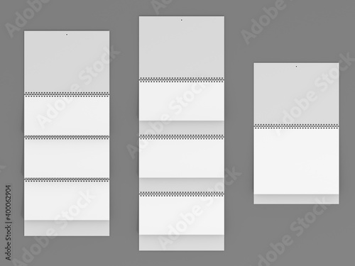 There are three types of quarterly wall calendars: a calendar with three advertising fields, a calendar with one advertising field and a 3 in 1 calendar. Mockup. 3D rendering.