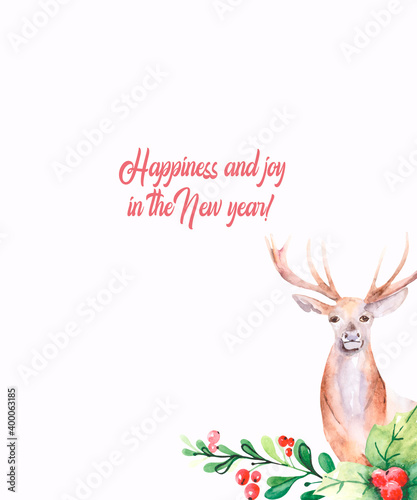 Christmas card with a deer, Holly and green branch with red berries on a white background with space for text. Watercolor drawing.