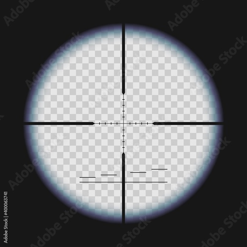 Sniper sight with measurement marks isolated on transparent background. Realistic view through a rifle scope with crosshair and chromatic aberration effect. Template design for GUI element, gaming.