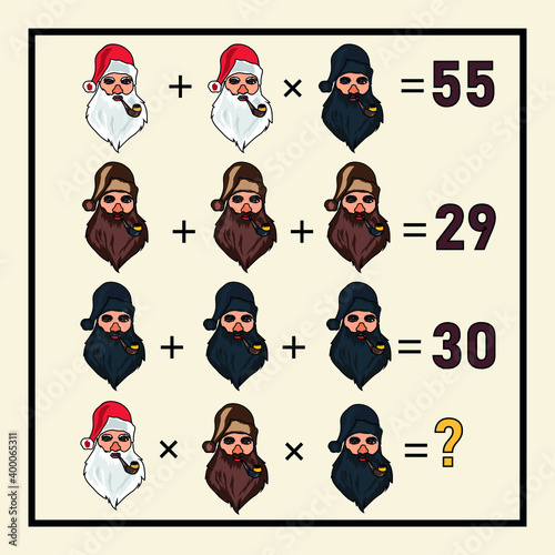 Christmas mathematical puzzles.New Year rebus for children and adults. count numbers. Mathematic riddle for the mind. Educational math game