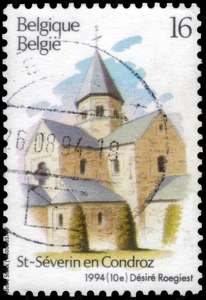 Postage stamp issued in Belgium with the image of the St-Severin en Condroz. From the Tourism series,  1994
