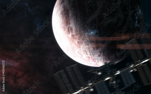 Fototapeta Naklejka Na Ścianę i Meble -  Inhabited planet against background of deep space nebulae. Space station blurred in motion. Science fiction. Elements of this image furnished by NASA