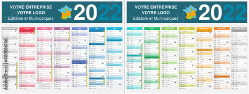 Calendrier 2022 14 mois avec vacances scolaires officielles au format 320 x 420 mm recto verso entièrement modifiable via calques et texte arial	