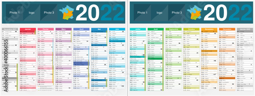 Calendrier 2022 14 mois avec vacances scolaires officielles au format 320 x 420 mm recto verso entièrement modifiable via calques et texte arial	