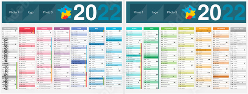 Calendrier 2022 14 mois avec vacances scolaires officielles au format 320 x 420 mm recto verso entièrement modifiable via calques et texte arial	