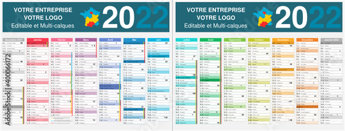 Calendrier 2022 14 mois avec vacances scolaires officielles au format 320 x 420 mm recto verso entièrement modifiable via calques et texte arial	