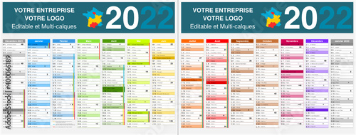 Calendrier 2022 14 mois avec vacances scolaires officielles au format 320 x 420 mm recto verso entièrement modifiable via calques et texte arial	